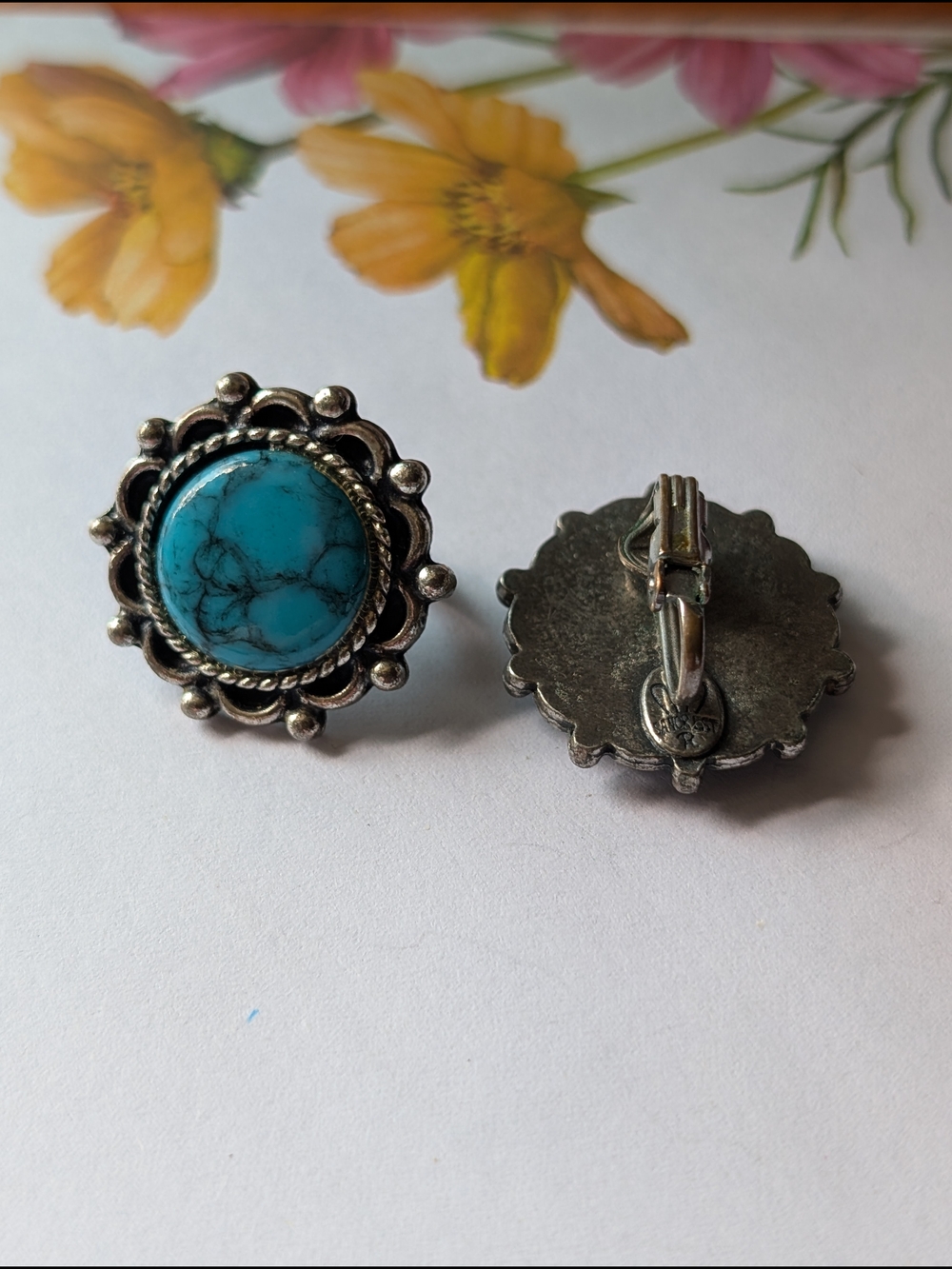 Vintage Signed Sancrest Faux Turquoise Clip-On Earrings Mid-Century Southwestern